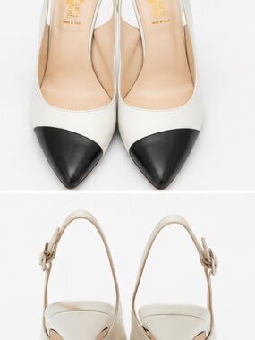 Mercanti Fiorentini White and Black Pointed Toe Slingback Pumps